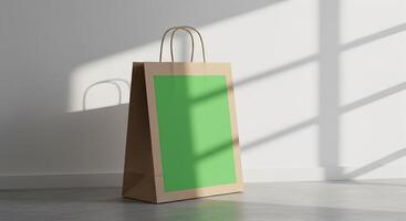 Simple brown paper shopping bag with a green label, ideal for branding photo