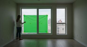 Woman preparing a green screen in an empty apartment for a virtual backdrop photo