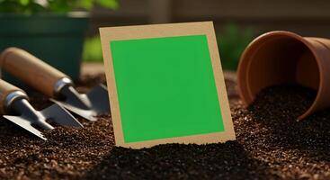 Gardening concept with seedling tools and a seed package with chroma key photo