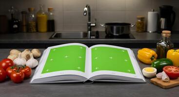 Open Cookbook with Green Screen Pages in Kitchen Setting for Recipe Mockups photo