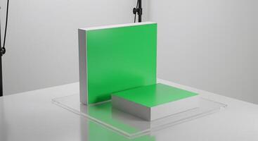 Geometric Still Life with Green Platforms for Product Display and Advertising photo