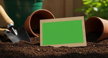 Gardening scene with blank card surrounded by tools and flowerpots in soil photo