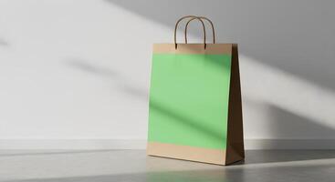 Clean Mockup of a Kraft Paper Bag with Green Rectangle in Bright Lighting photo