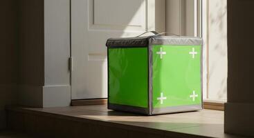 Delivery box with green screen awaits recipient at the doorstep in the sunlight photo
