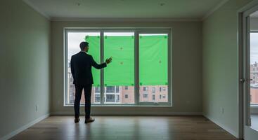 Sophisticated professional presents green screen view in an empty apartment photo