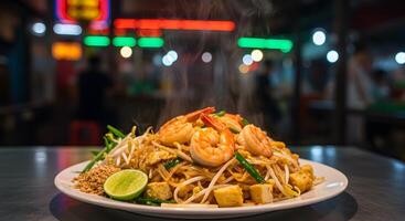 Steaming Pad Thai with Shrimp Served on Plate in Vibrant Restaurant photo