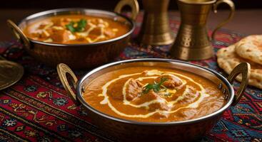 Authentic butter chicken curry dishes served in brass bowls with naan bread photo