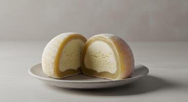 Delicious Mochi Ice Cream Halves on a Plate with Delicate Texture and Color photo