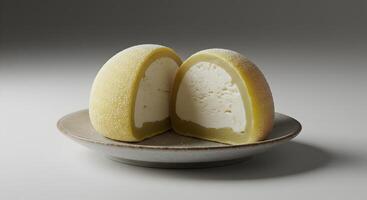 Delightful halved mango mochi filled with sweet cream on a ceramic plate photo