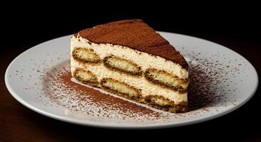 Aromatic Tiramisu Slice with Cocoa Powder Dusting, on Plate with Dark Backdrop photo