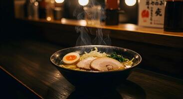 Steaming Bowl of Authentic Ramen Noodle Soup in Japanese Restaurant photo