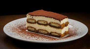 A delectable slice of tiramisu on a white plate, sprinkled with cocoa powder photo