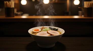 Authentic Japanese Ramen Bowl with Steaming Broth in a Cozy Setting photo