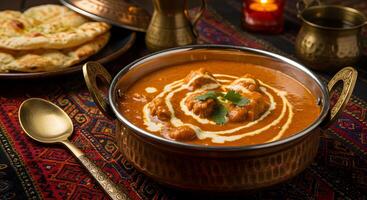 Captivating closeup of creamy butter chicken with rich naan bread plating photo