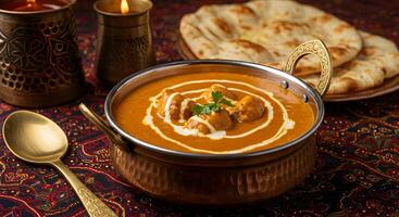 Delicious chicken tikka masala with naan bread in an ethnic setting photo