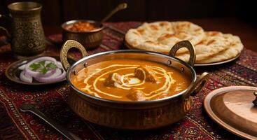 Delicious Indian Butter Chicken served with Naan Bread and various garnishes photo