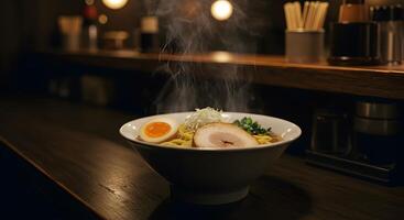 Authentic steamy ramen bowl presented on a wooden counter for culinary delight photo