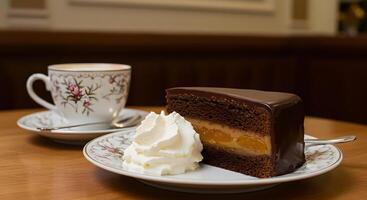 Indulge in Viennese elegance, a slice of Sacher cake with coffee photo