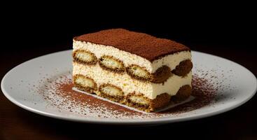 Elegant tiramisu dessert adorned with cocoa dusting in a sophisticated presentation photo