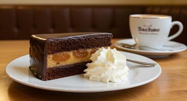 Indulgent slice of Sachertorte with apricot filling and whipped cream delight photo