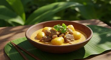 Delicious Massaman Curry Served in Wooden Bowl on Banana Leaf Presentation photo