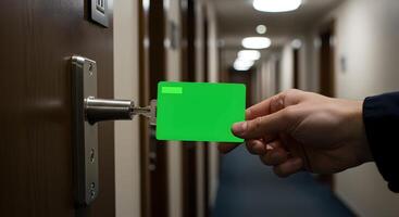 Using a digital key card for room access in a hotel corridor setting photo