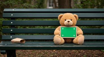Teddy Bear with Chroma Key Sign on Park Bench Waiting for Message photo
