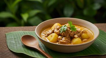 Aromatic Massaman Curry with Potatoes, Peanuts and Culinary Herbs Close Up photo
