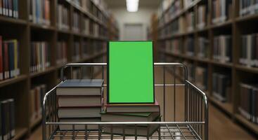 Library cart featuring books and a vibrant green screen for educational mockups photo