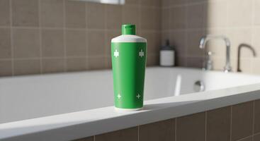 Green bathroom product bottle with minimalist design standing by the bathtub edge photo