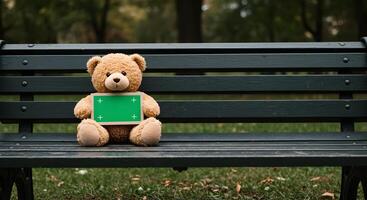 Teddy bear holding a green screen board sitting on a bench in a park photo