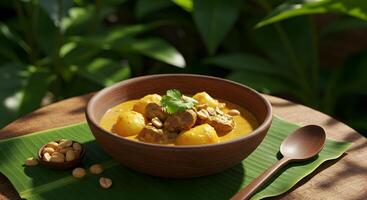 Traditional Thai Massaman Curry Served in Rustic Bowl with Natural Backdrop photo