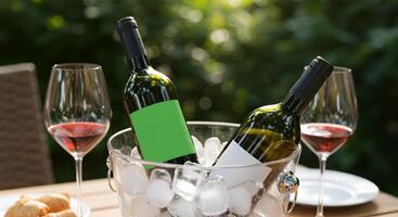 Chilled Wine Bottles in Ice with Glasses on an Outdoor Dining Table photo
