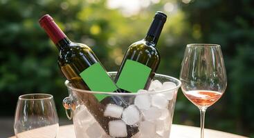 Chilled Wine Bottles and Empty Wine Glasses on Wooden Table Outdoors photo