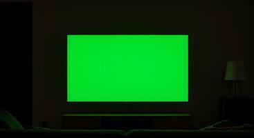 Bright Green Screen Television Set in Dark Room Interior Displaying Chroma Key photo