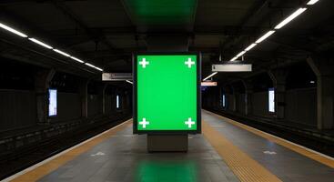 Subway platform with a green billboard, urban advertising space template photo