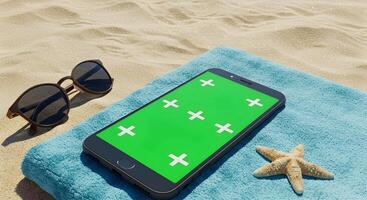 Smartphone mockup with green screen on towel, sand, sunglasses and starfish photo