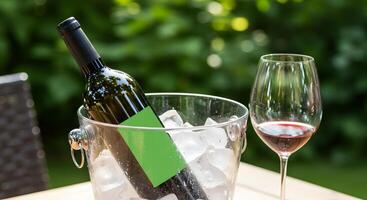 Chilled red wine bottle in ice bucket with glass on outdoor table, enjoying life photo