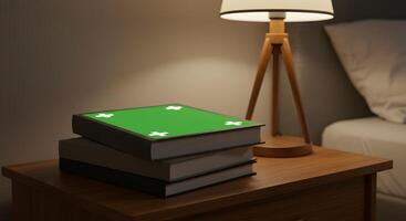 Nightstand reading with green screen book cover, illuminated lamp photo