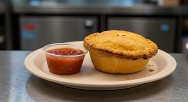 A delightful meat pie with tomato sauce served on a rustic ceramic plate photo