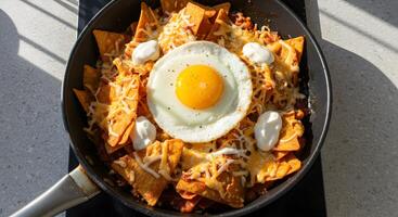 Delicious skillet nachos with fried egg, melted cheese and sour cream photo