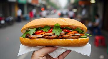 Delicious Vietnamese Banh Mi Sandwich Held on a Busy Hanoi Street photo