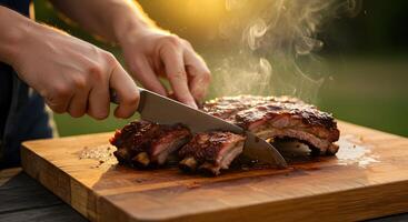 Delicious barbecued ribs sliced on a wooden board with an outdoor backdrop photo