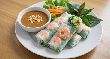 Fresh Shrimp Spring Rolls Served with Peanut Sauce on Elegant Plating photo
