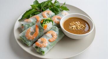 Fresh Vietnamese Spring Rolls with Shrimp and Peanut Sauce on a Plate photo