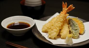Delicious Japanese tempura assortment served with soy dipping sauce photo
