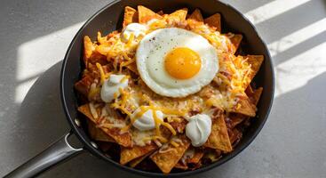 Delicious skillet nachos with a fried egg and toppings ready to serve photo