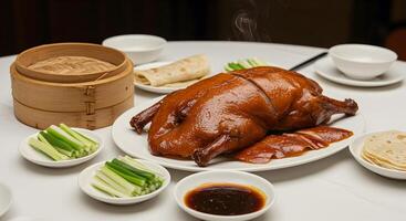Peking duck served with pancakes, scallions and sweet bean sauce on table photo