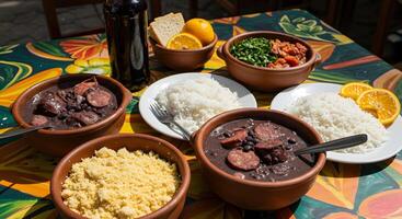 Feijoada, a Delicious and Hearty Brazilian Stew Served on a Colorful Table photo