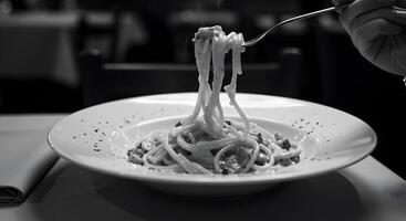 Elegant monochrome photograph of spaghetti carbonara being lifted on a fork photo